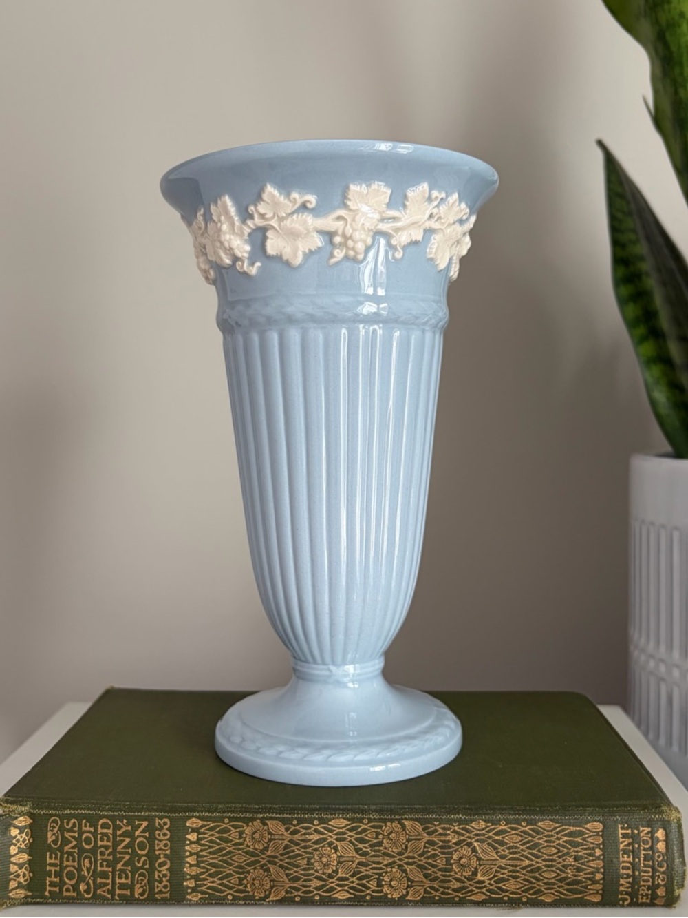 Wedgwood Pale Blue Queen’s Ware Ceramic Vase with Cream Grapevine Relief
